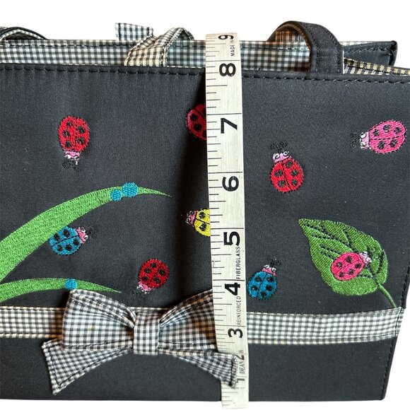 Embroidery Multi-colored and Black Ladybug Purse w/checkered Bow and Straps - Picture 11 of 13